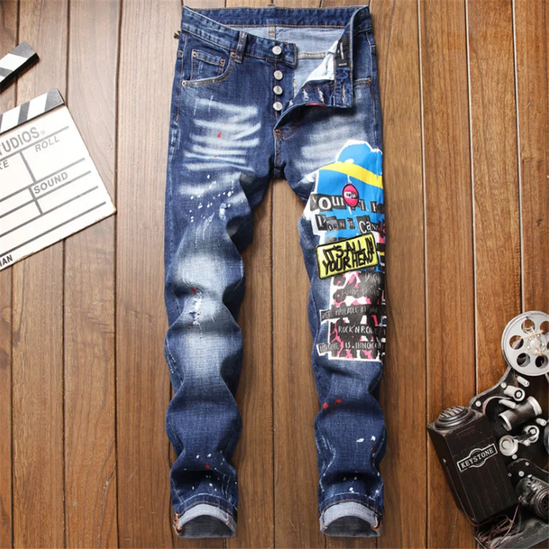 

DSQ2020 autumn and winter new OW tattered splash paint men's slim embroidery stretch jeans blue tight begging pants 19SS