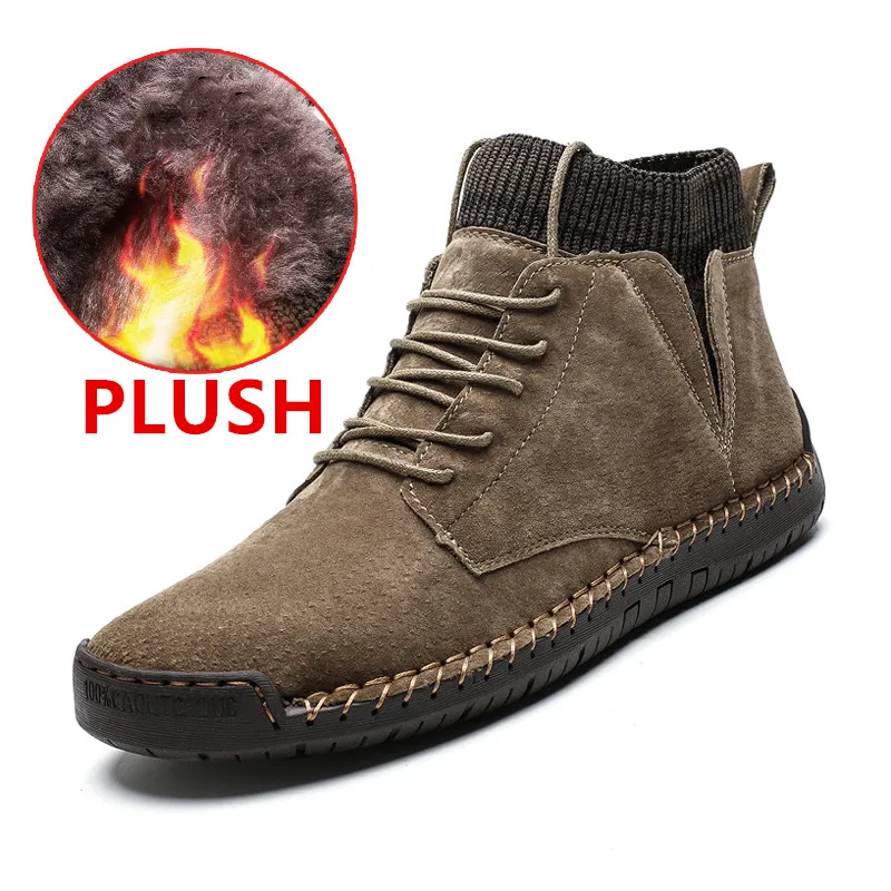 New Winter High Quality Men Boots Warm Plush Snow Boots Leather Work Shoes Men's Fashion Footwear Rubber Ankle Boots Size 38-48 - Цвет: Plush Khaki