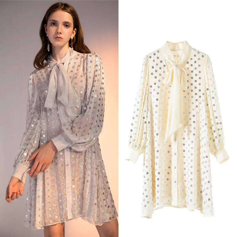 

New fund set auger with long loose lantern sleeve chiffon dress female G0811 bow