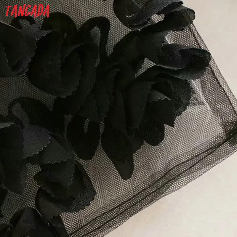 Tangada для женщин вышивка черная сетчатая Блузка Прозрачная Водолазка с длинным рукавом Женские Рубашки стильные женские топы CE138