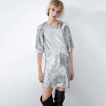 

ZA 2019 New Women Dress Europe and America Hot Sale Fashion Round Neck Five-point Sleeves with Sequins Decorated Ladies Dress