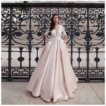 

Elegant Satin Wedding Dresses Pocket Vestido Noiva Lace Half Sleeves Wedding Gowns Luxury Champagne Bride Dress Ball Gown 2020