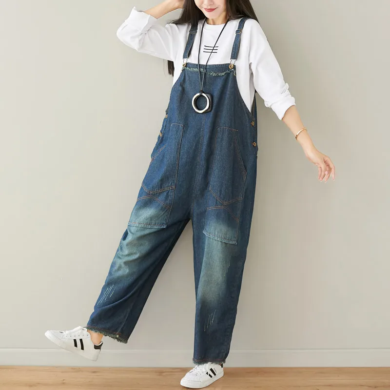 

2019 Overall Jeans Jumpsuit Romper Women Denim Baggy Suspenders Bleached Retro Mario Wide Leg Plus Size Loose Autumn Bib Pants
