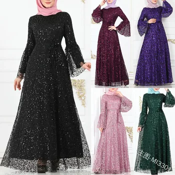 

Muslim Sequins Abaya Mesh Maxi Dress Cardigan Long Robes Jubah Kimono UAE Ramadan Arab Turkey Islamic Kaftan Worship Service