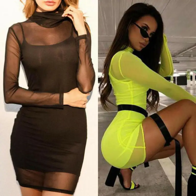 

Sexy Lady 2 Pcs Set Club Bodycon Sling Dress Women Mesh Sheer Long Sleeve Dress