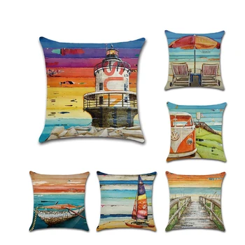 

Cute Sailing Lighthouse Cushion Cover 45x45cm Linen Square Home Decorative Beach Pillow Case Sofa Waist Cushion Cover