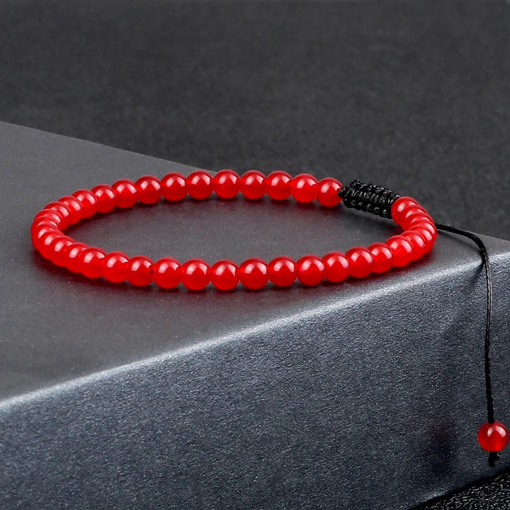 Stone Bead Bracelet Natural Stone Bracelet Beaded Bracelet 4MM Natural Stone Round Beads Bracelet Women Minimalism Adjustable Leather String Bangles Jewelry Men Healing Yoga Pulsera Gift