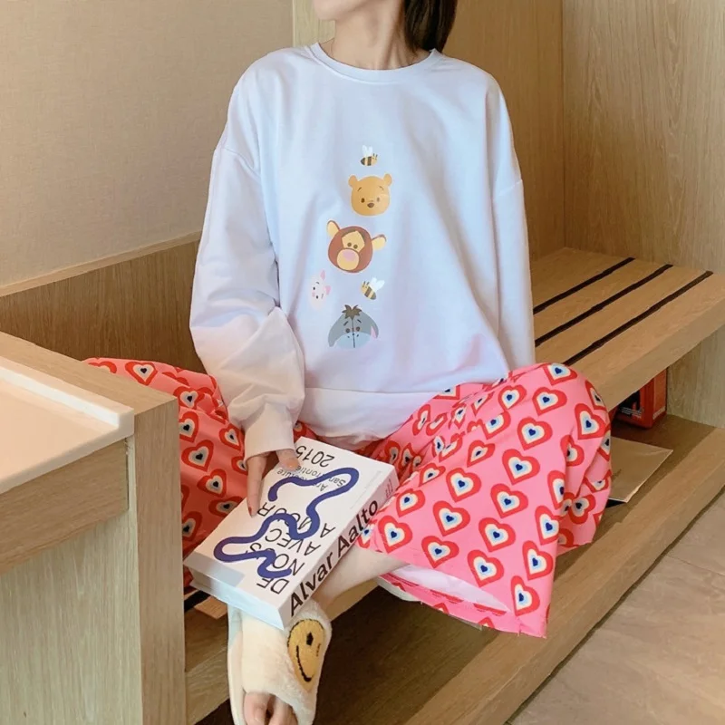 Pajamas Cartoon Cute Pooh Long-sleeved Pajamas Spring And Autumn Women's New Casual Loose  Round Neck Home Wear Outer Wear