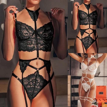 

Women Summer Sexy Lingerie Lace Hollow Underwear Set Bra+Tops+Pyjamas Set Sleepwear Female Mujer Nightie Sexy Home Clothes