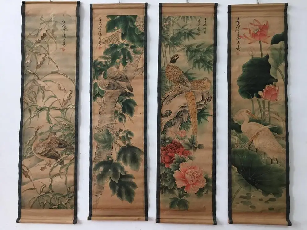 

China celebrity painting old scrolls Four screen Lotus bird painting