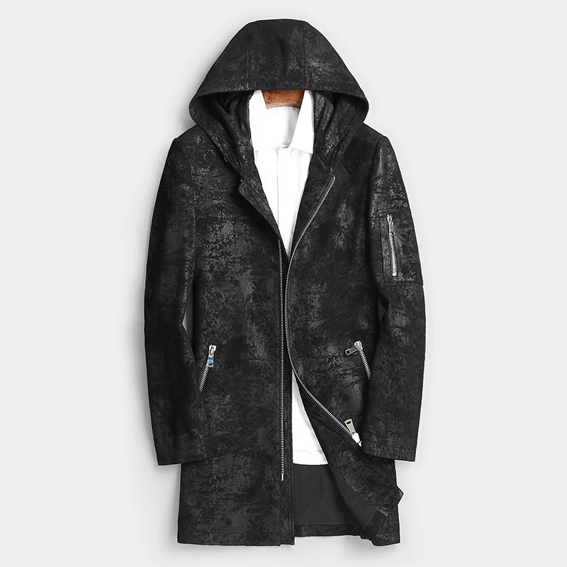 

Men's Genuine Leather Jacket Hooded 100% Goatskin Coat Mens Print Leather Jackets Windbreaker Chaqueta Cuero Hombre 8801 YY443