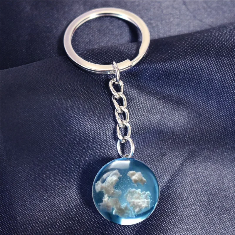 Chic Resina Trasparente Rould Ball Moon Ciondolo Portachiavi Donna Blue Sky White Cloud Chain Portachiavi Regali Per Gli Amici