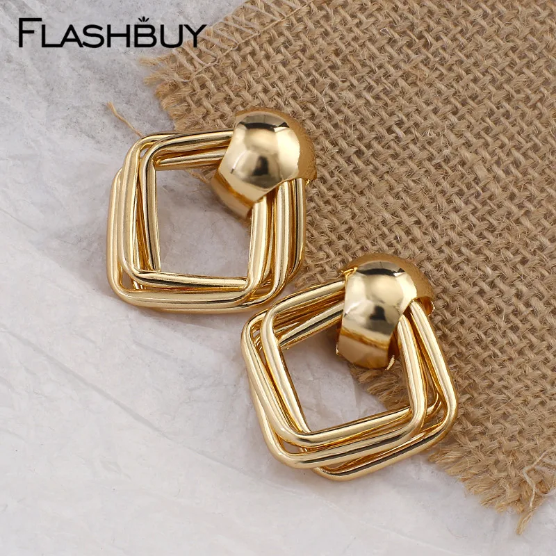 Gold Chunky Square Stud Earrings For Women - Geometric Textured Vintage Statement Jewelry, 18k Gold Plated - View #6