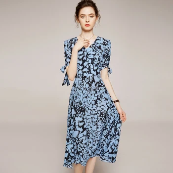 

100% Silk Women's Runway Dress Sexy V Neck Lace Up Short Sleeves Leopard Printed Fashion Casual Summer Dresses