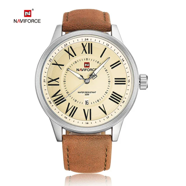 NAVIFORCE Brand Watches Men Fashion Analog Quartz Clock Man Leather Sport Watch Waterproof Gold Wristwatches Relogio Masculino - Цвет: silver yellow