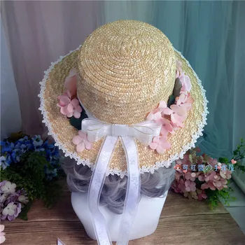 

8CM Wide Sun Straw Hat Japanese Style Lolita Girls Summer Spring Forest Flower Lace Brim Straw Weaving Hat Costume Party Hat