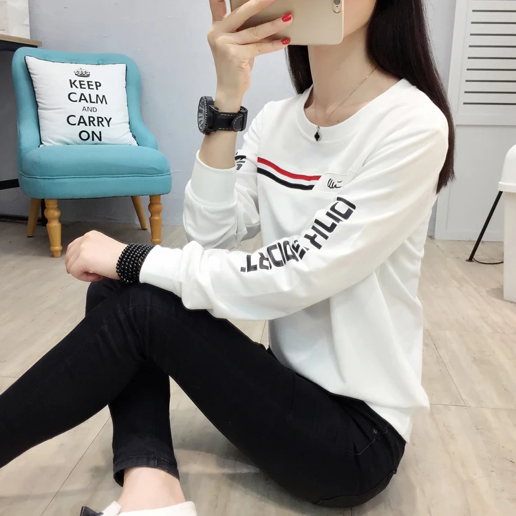 Футболка Outono Moda Feminina, топы с длинными рукавами и круглым вырезом, футболки, повседневные футболки Senhora Magro Roupas, большие размеры