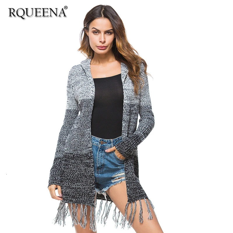 RQUEENA, женские кардиганы, Осень-зима, длинный кардиган, женский свитер с длинным рукавом, вязаный кардиган с капюшоном и кисточками, пальто CA027