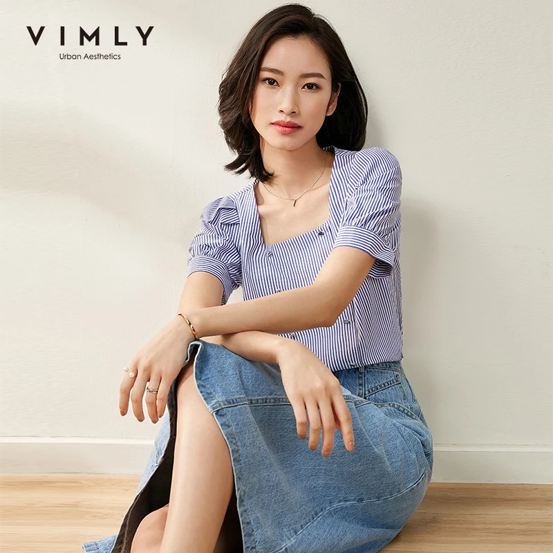 Vimly 2020 Летняя женская блузка в полоску Женская офисная с рукавами-фонариками