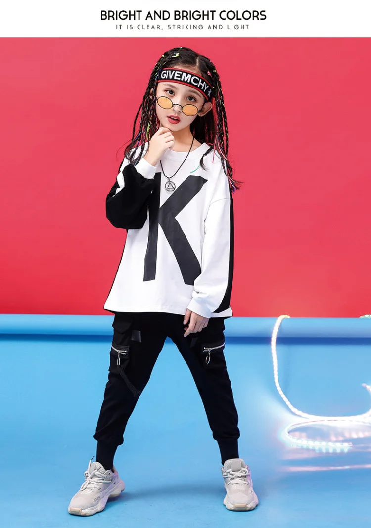 Детская модная одежда в стиле хип-хоп свободная Черно-белая толстовка, рубашка Топ, повседневные штаны для бега для девочек и мальчиков, костюм для джазовых танцев, одежда