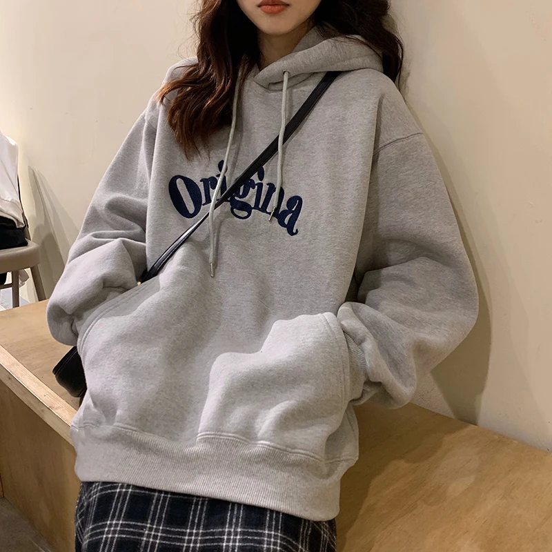 Hoodies Hooded Harajuku Letter Thicken Warm Students Gray Velvet Womens Loose Students Pockets Causal Clothes Hip Hop Couples - Цвет: gray