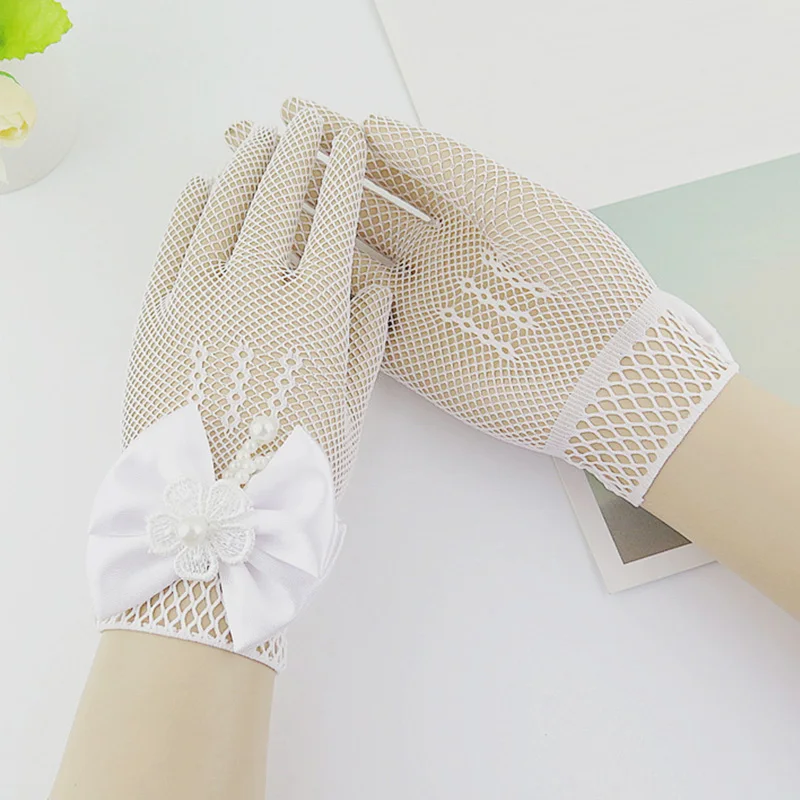 Kids Lace Pearl Mesh Bow Gloves Flower Girl Fishnet Gloves Party Supplies Birthday Ceremony Coronation Accessories For Princess