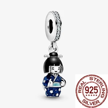 

New Arrival 925 Sterling Silver Beads Apanese Doll Blue Kimono Charms Pendant Fit Original Pandora Bracelets Women DIY Making