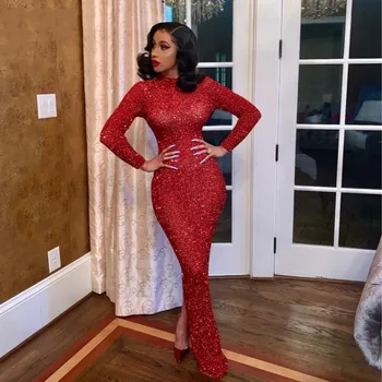 

Aso Ebi Prom Dresses Sequin Sexy Red Long Sleeve vestido de festa Women Formal Dress Evening Dress Elegant Back Split Customized
