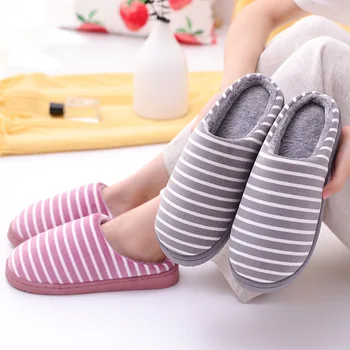 

New Plush Striped Harajuku Women and Men Winter Warm cotton Indoor Slippers Soft Stuffed Non-slip Fashion Flip Flops Home Shoes