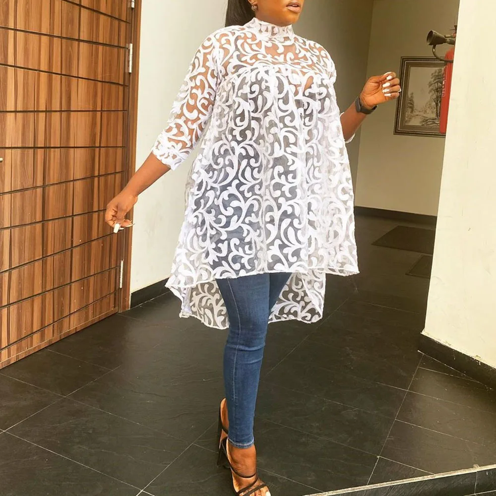 

Women sexy Blouse Mid-Length Asymmetric See-Through Stand Collar Pullover Three-Quarter Sleeve top office lady fashion loose Tee