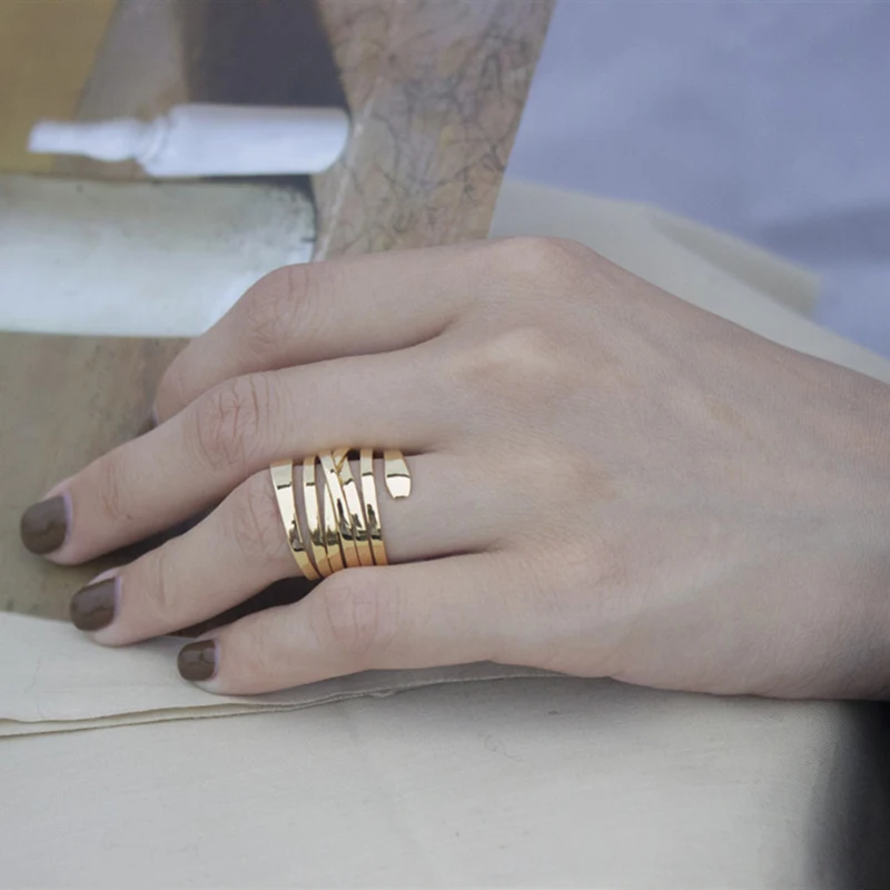 Peri'sBox Multi Layered Wrapped Spiral Geometric Rings Brass Gold Rings for Women Circle Polished Statement Rings 2019 Fashion - Image 3