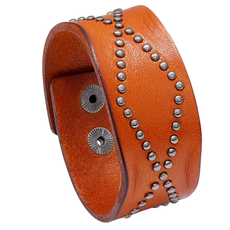 Bracelet Jewelry VOQ Punk Style Retro Design Genuine Leather Wide Wristband Rivet Collocation Button Unisex