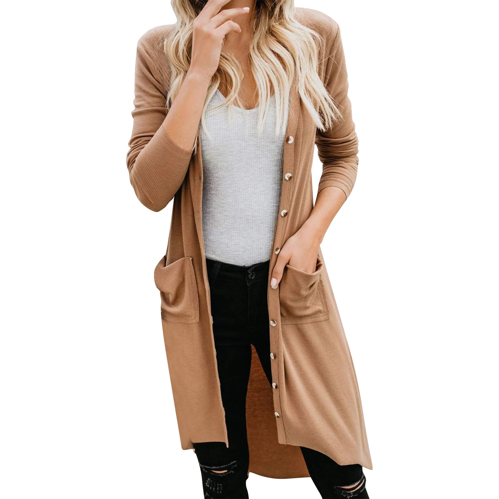 Women's Sweater Coats Women Long Sleeve Solid Color Snap Button Down Knit Ribbed Cardigans Autumn Knitted Sweaters Outwear #4 2