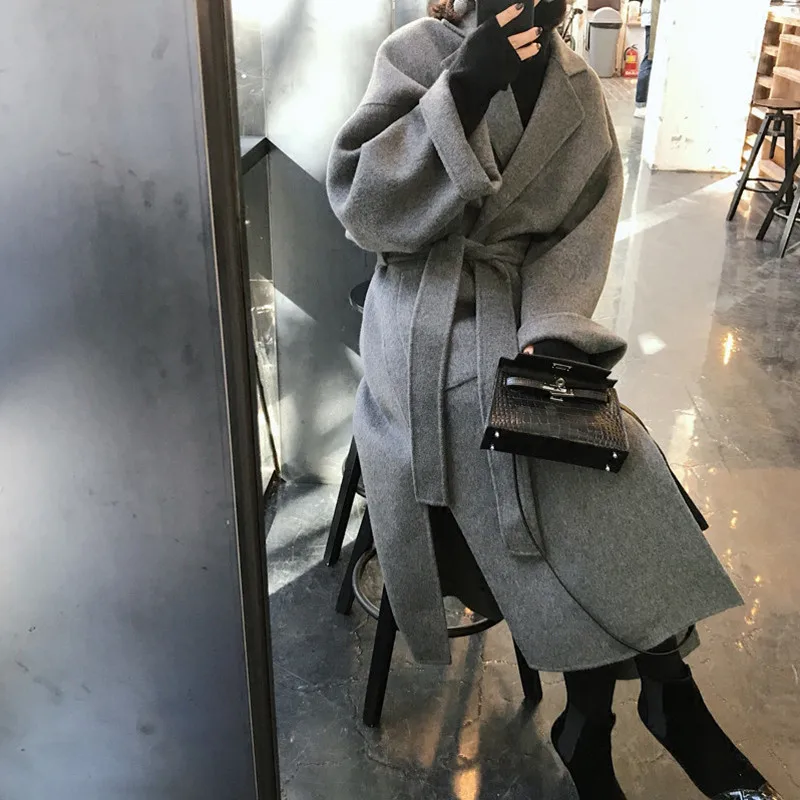 

2019 Elegant Women's Classic Wool Cashmere Blend Loose Casual Overcoat Lapel Belted Long Coat Jackets Warm Outwear
