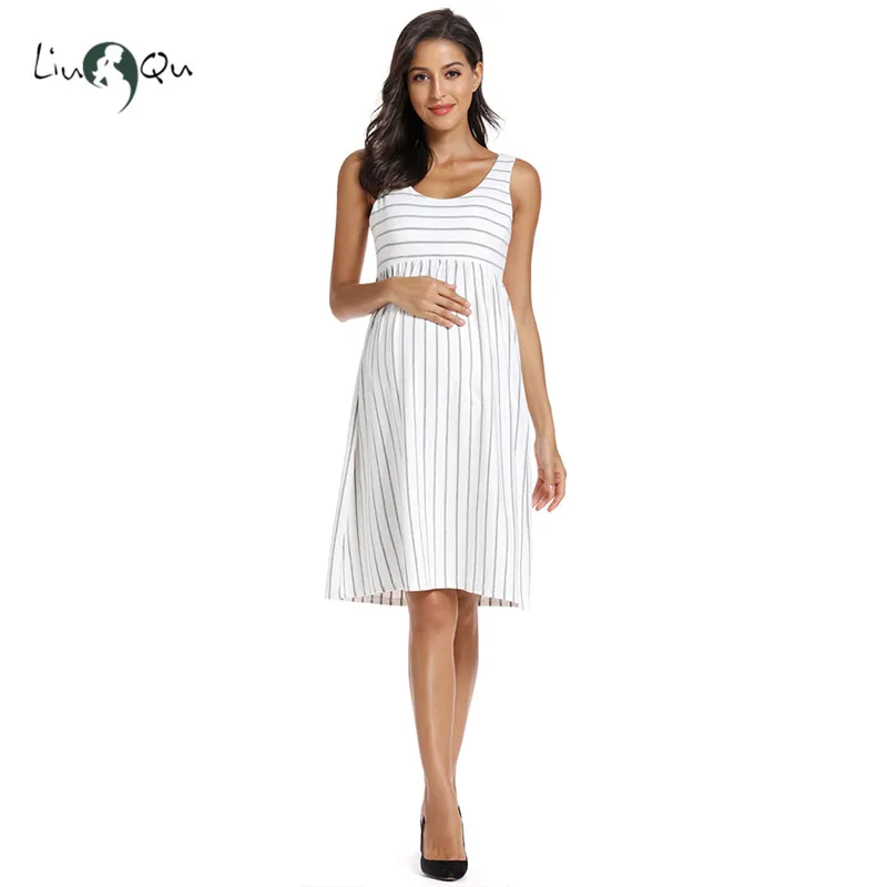 

Women Summer Sleeveless Maternity Dress Pregancy Tank Scoop Neck Striped Mama Clothes Casual Knee Length for Baby Shower