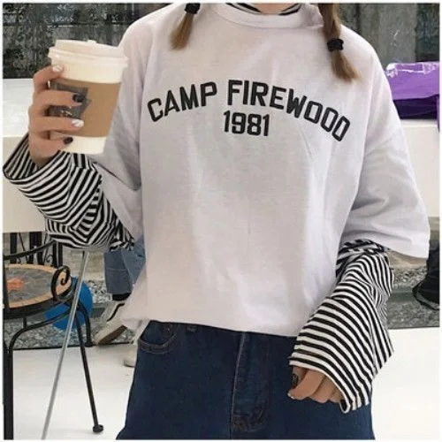 Long Sleeve T-shirts Women Patchwork Print Leisure Daily Fake Two Pieces Cool Students Womens Korean Style Half-turtleneck Chic