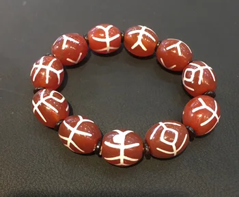 

Treasure Magic LKbrother Top Quality Magical Tibetan Old Red Agate Abstract Guiren Tairen totem dzi Bead Bracelet Amulet