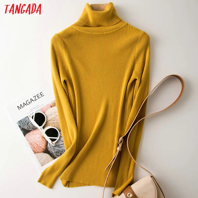 Tangada модная Женская водолазка тонкий свитер с длинным рукавом Твердые тянущиеся пуловеры женские шикарные вязаные топы AQJ13