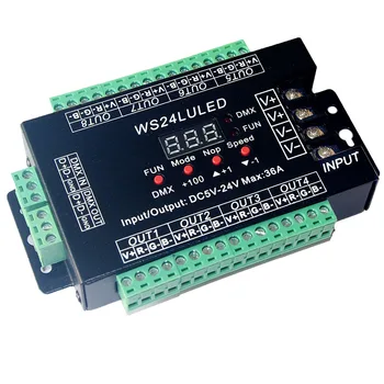 

Easy 24CH DMX512 Decoder DC5V-24V 24 channel 8 group max 3A max 24CH*1.5A 36A Iron Case LED Dimmer Controller WS24LULED