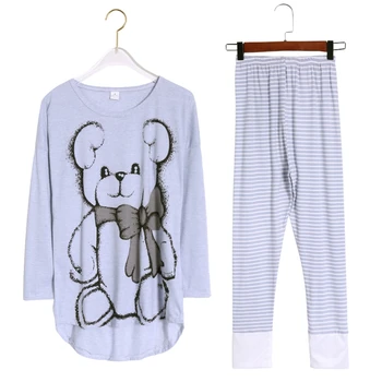 

Women Long Sleeve Cartoon Bear Print Tops Stripe Leggings Pajamas Set Sleepwear