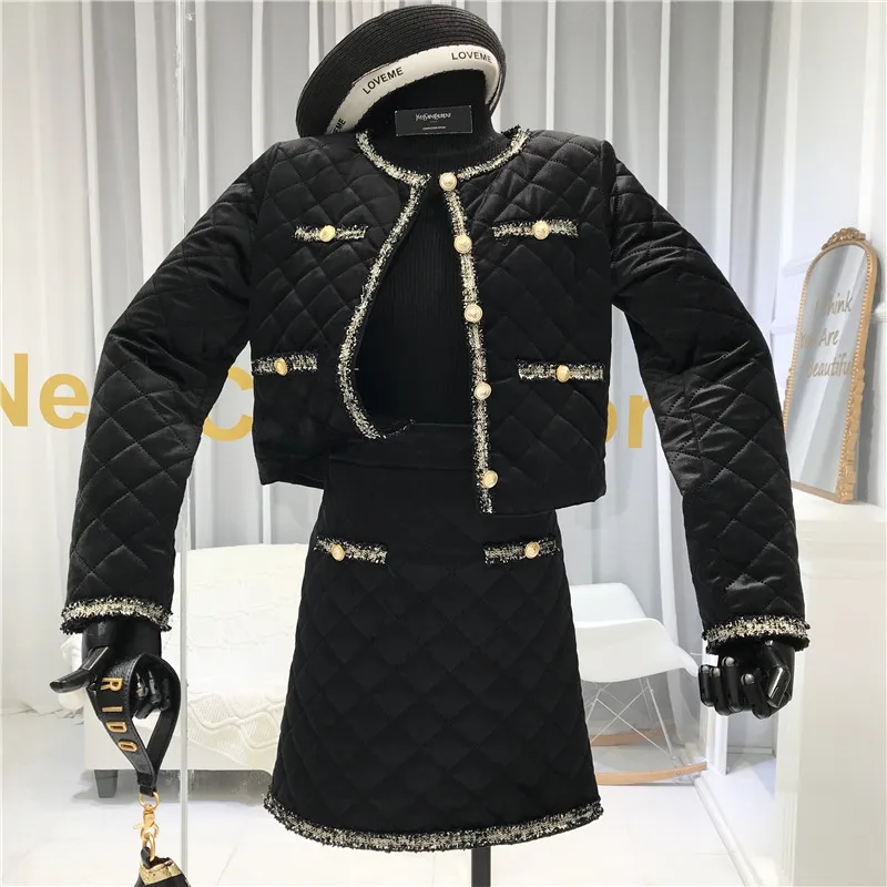 ALPHALMODA, зимняя женская куртка, юбка, 2 шт., модный костюм, в сетку, с подкладкой, короткая верхняя одежда, пальто+ трапециевидная юбка, Модный комплект