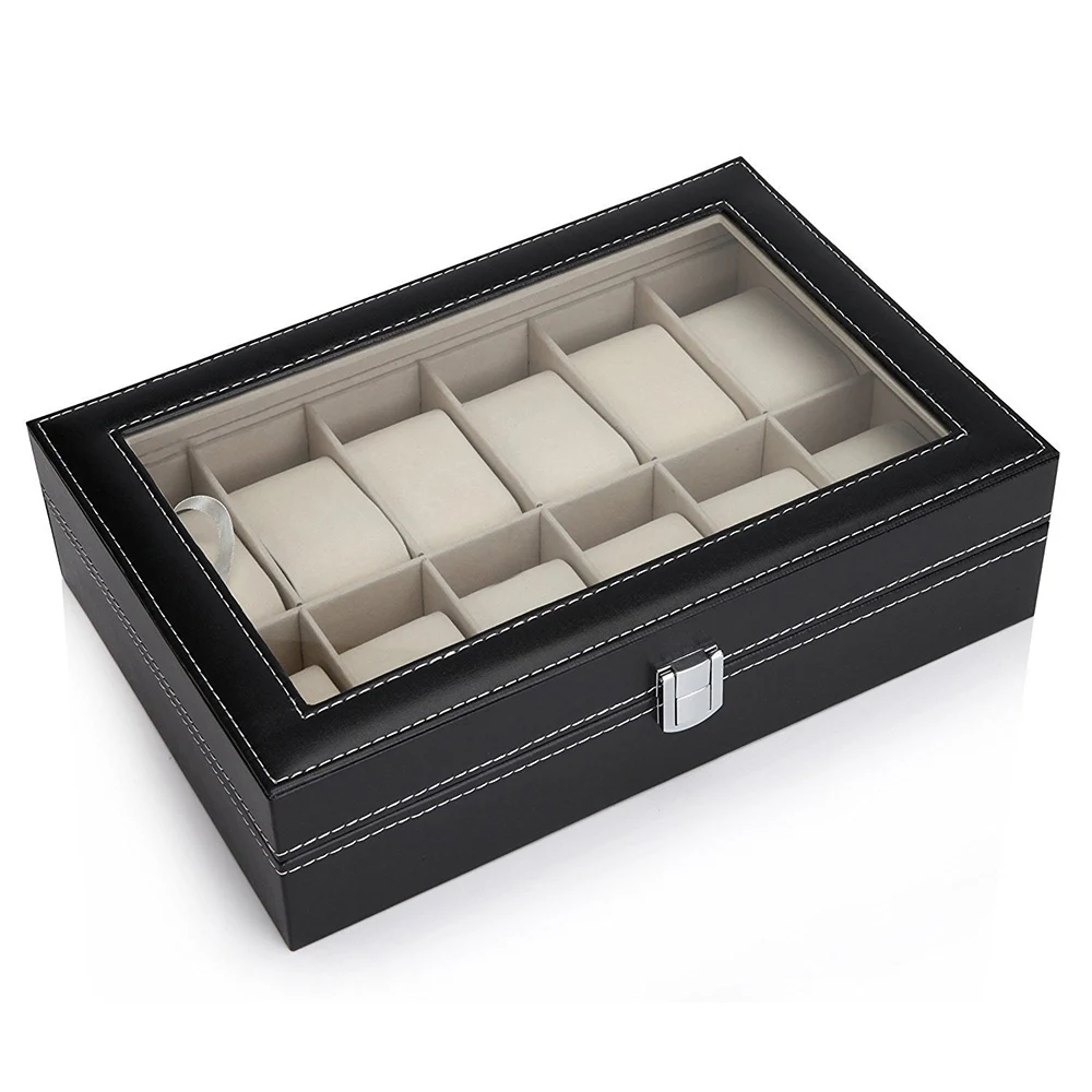 10 12 Slot Watch Box Storage Watch Box PU Leather Watches Display Case Jewelry Boxes Watches Organizer Glass Top Watch Holder