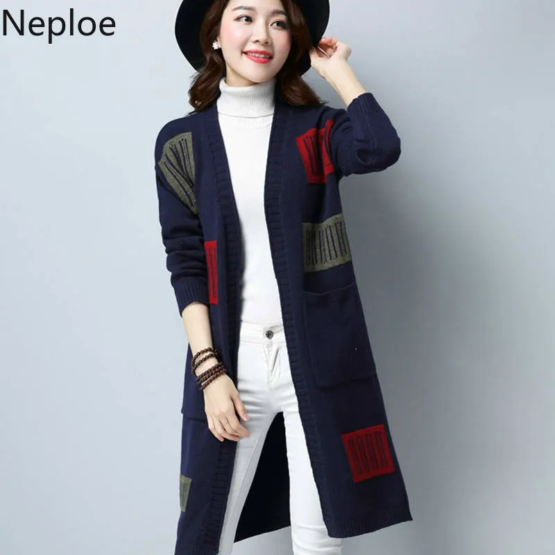 

Neploe Cardigan Women Sweater Jacket Coat 2019 Elegant Pocket Long Sleeve Outwear Contrast Color Long Knitwear Coat M-3XL 54901
