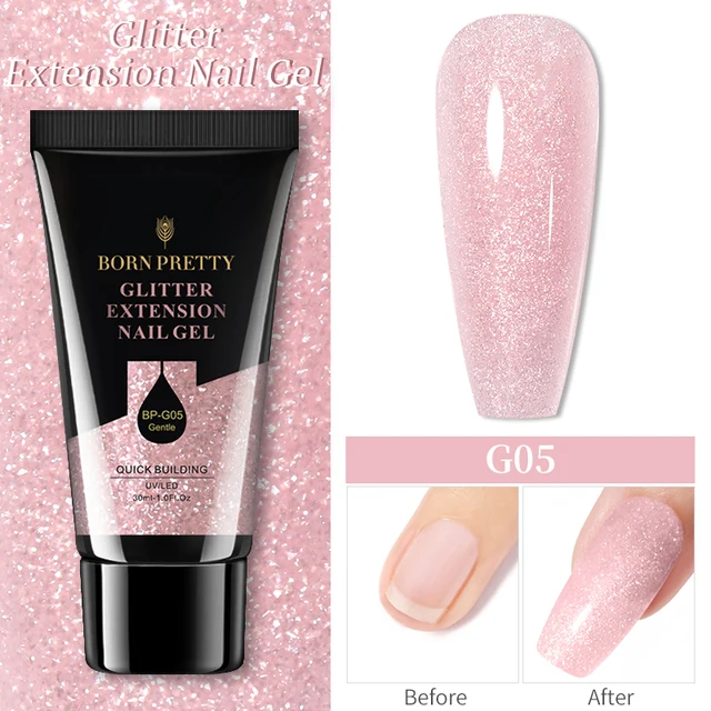 BORN PRETTY 30/20ml Glitter Acrylic Gel Finger Extension Silver Pink Extension Gel Soak Off Nail Art Gel Varnish G05