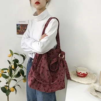 

Corduroy Chic Korea Fashion Autumn Winter New Retro Floral Crossbody Shoulder Bag for Women Female Large Capacity School Handbag