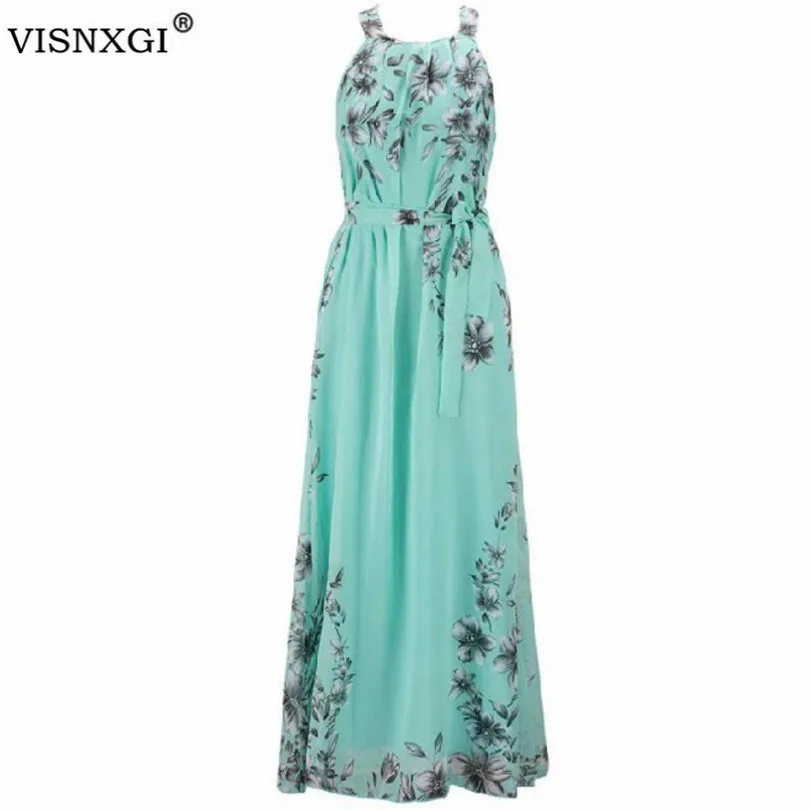 

VISNXGI Summer Women Dress Chiffon Floral Print Halter Tunic Sleeveless Pleated Long Maxi Party Boho Dresses With Belt Vestidos