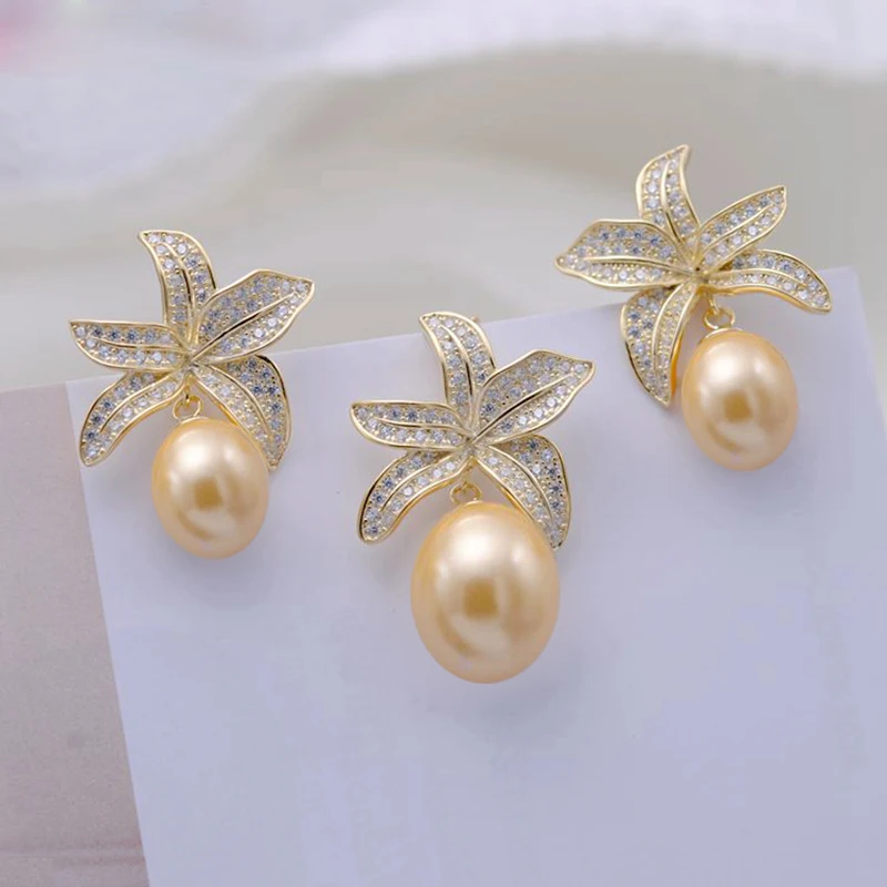 Golden set MeiBaPJ Real 925 Sterling Silver Starfish Fashion Jewelry Set Natural Pearl Pendant Earrings Wedding Jewelry for Women - Цвет камня: Golden set