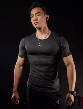 

JS207I-Workout fitness men Short sleeve t shirt men thermal muscle bodybuilding wear compression Elastic Slim exercise clothing