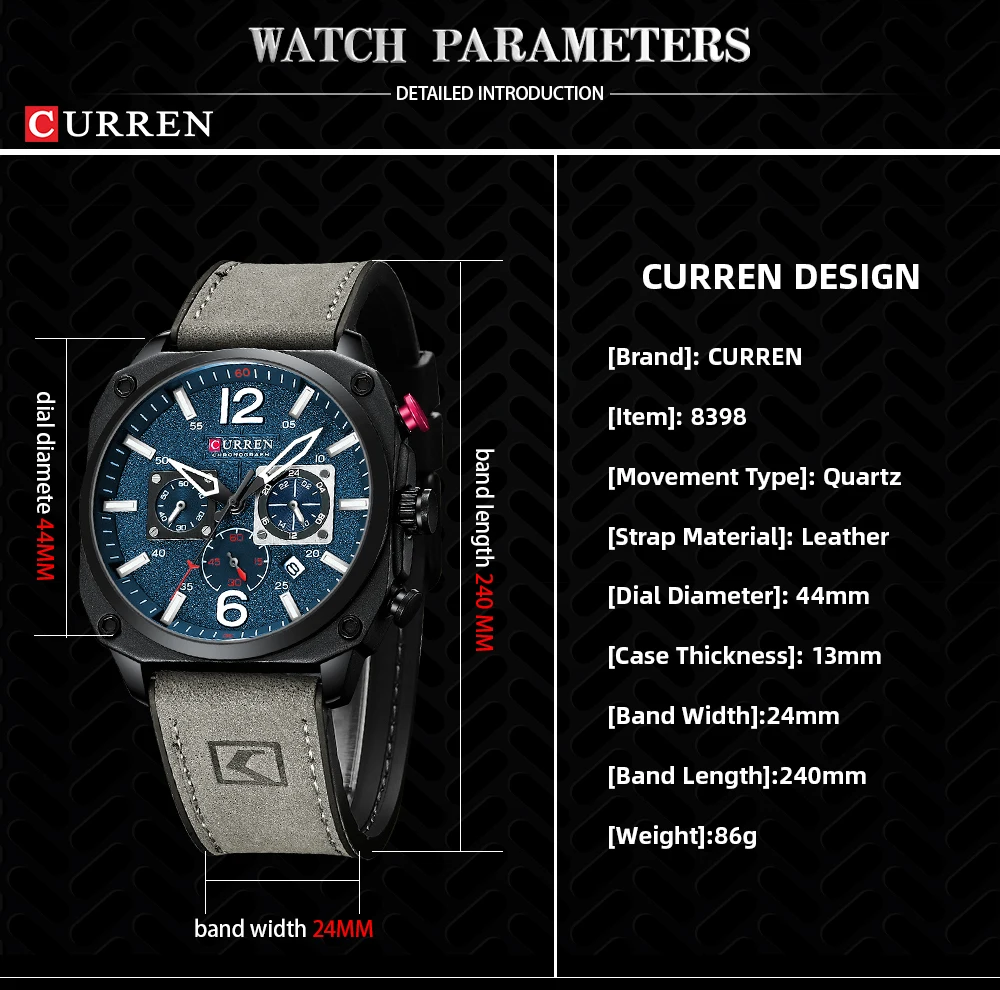 Men's Fashion Waterproof Chronograph Watch with Leather Band and Luminous Display