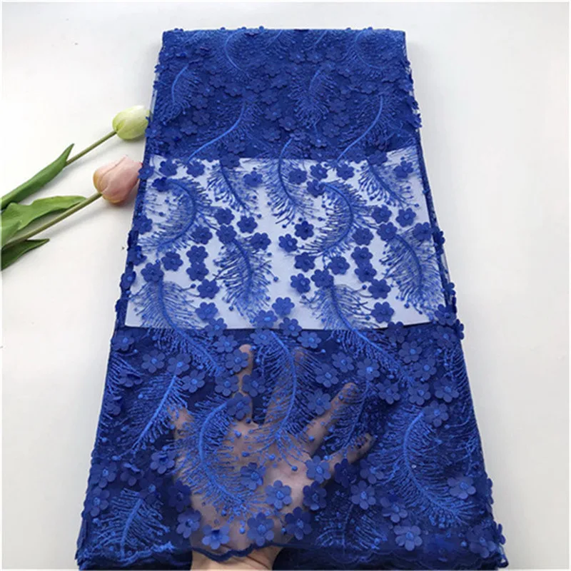 

French Net Lace Fabric with 3D Flower 2019 Latest African Tulle Mesh Lace Fabric High Quality With Sequin Lace Royal Blue Color
